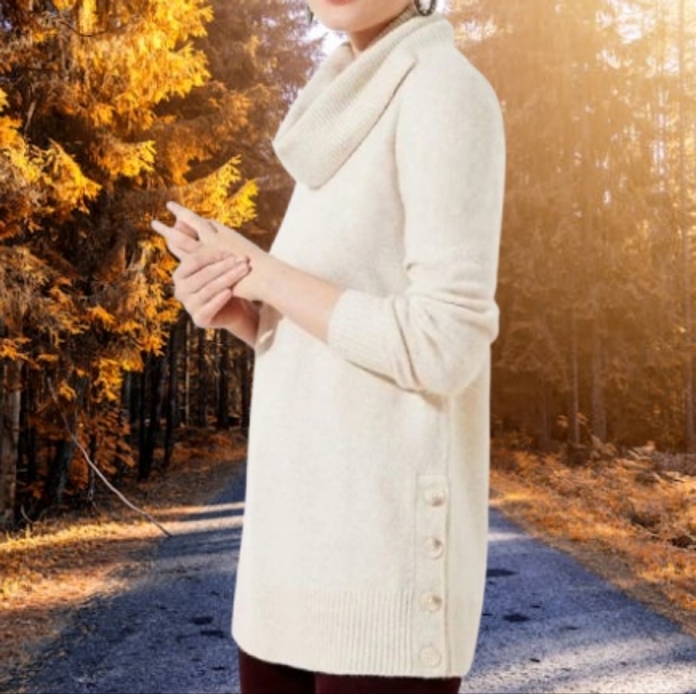 LOFT Cream Turtleneck Sweater with Button Detail